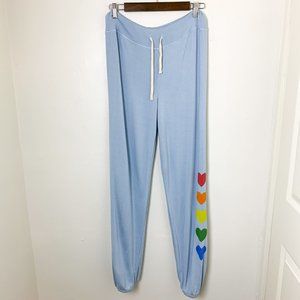 NWOT Sundry blue joggers rainbow hearts medium (2)